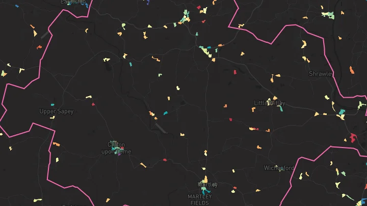 House price heatmap showing property values across Martley
