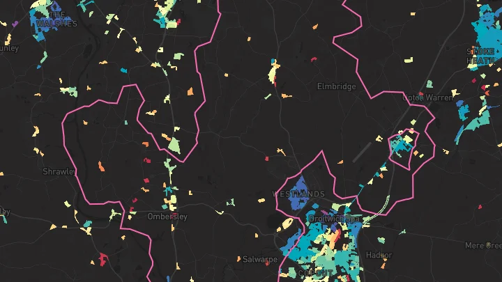 House price heatmap showing property values across Ombersley