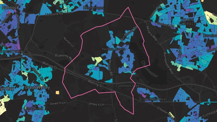 House price heatmap showing property values across Norton Canes
