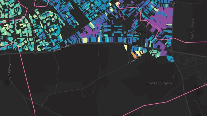 House price heatmap showing property values across Heath Hayes