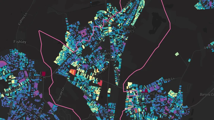 House price heatmap showing property values across Pelsall
