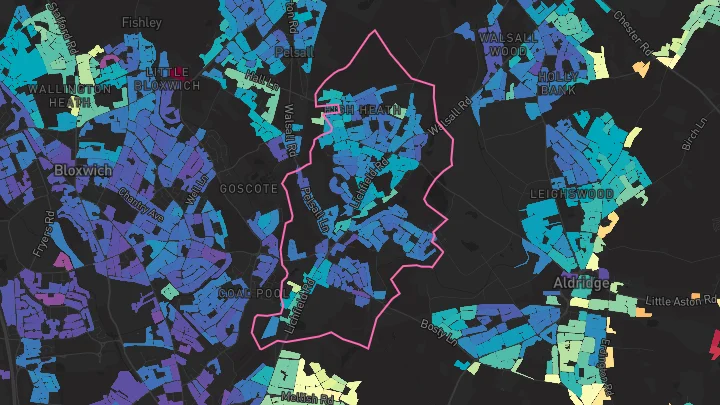 House price heatmap showing property values across Rushall