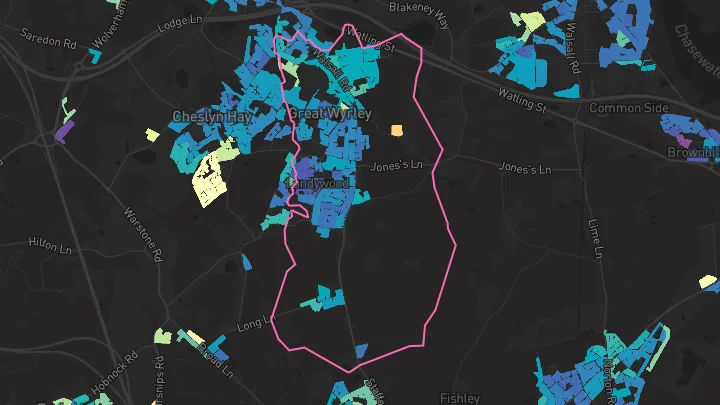 House price heatmap showing property values across Great Wyrley
