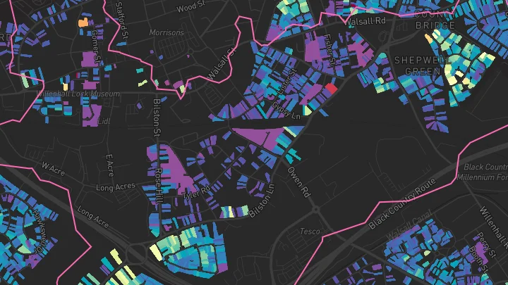 House price heatmap showing property values across Willenhall