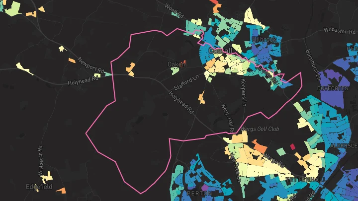 House price heatmap showing property values across Codsall